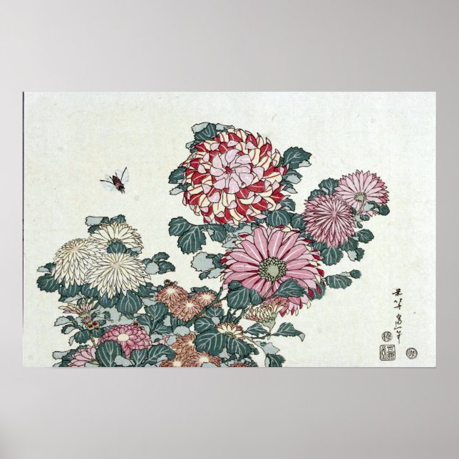 Chrysanthemums & Bee, Japansk Art av Hokusai Poster (Framsidan)