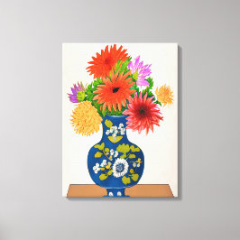 Chrysanthemums i Blå kinesiska Vas Canvastryck