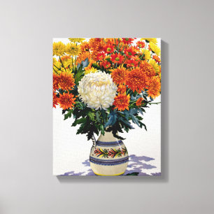 Chrysanthemums i en mönstrad tillbringare 2005 canvastryck
