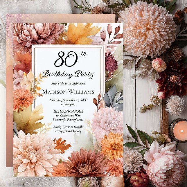 Chrysanthemums Peonies Blommigt 80:e Födelsedagsfe Inbjudningar (Elegant Boho Chrysanthemums and Peonies Floral 80th Birthday Party Invitation - Print | Digital)