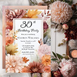 Chrysanthemums Peonies Floral 30th Birthday Party Inbjudningar<br><div class="desc">Elegant chrysanthemums and peonies floral design "30th Birthday Party" featuring a floral frame of mums and peony flowers in burgundy,  burnt orange,  apricot and pink on a white background center panel.  Back design features a multi-layered coordinating colors watercolor background</div>