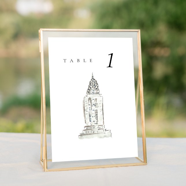 Chrysler Bygger Bordsnumret New York Bröllop (Watercolor Chrysler Building New York City Skyline wedding table number sign.)