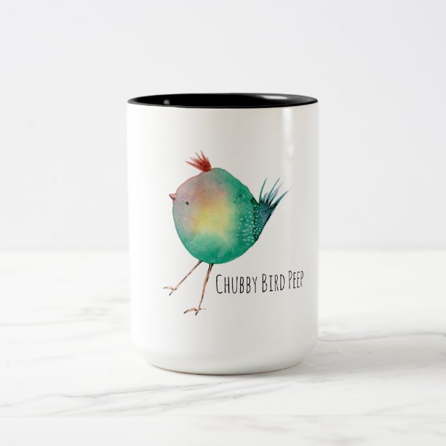 Chubby Bird Peep, Whimsical bird, colourfull Två-Tonad Mugg (Center)