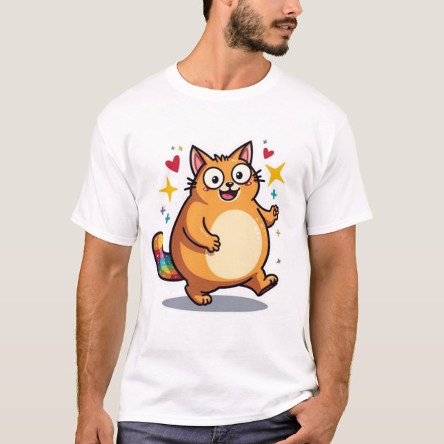 Chubby Kawaii Orange Cat Rainbow Tail Sparkle T Shirt (Framsida)
