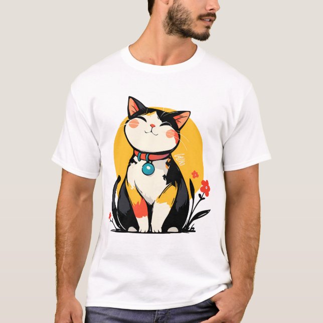 Chubby Smiling Calico Cat Badge T Shirt (Framsida)