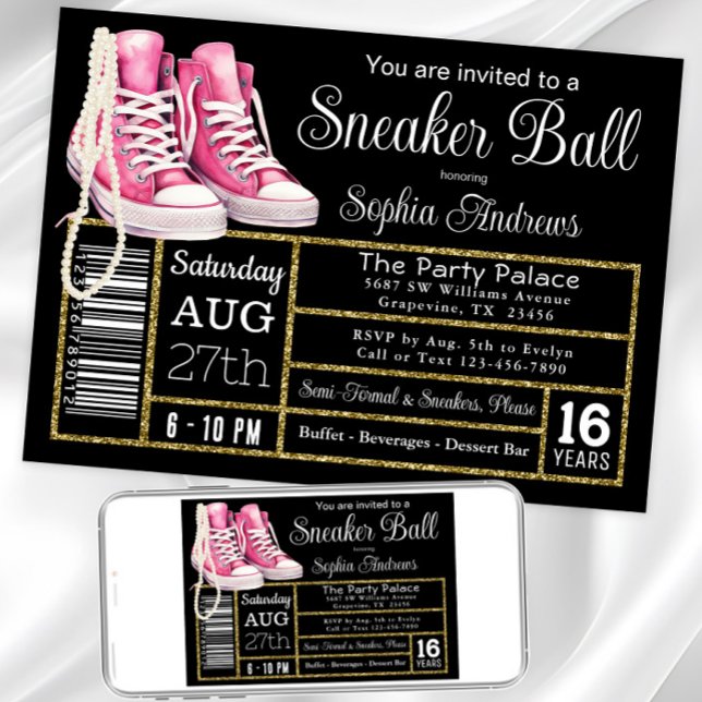 Chucks och pärlor Sneaker Boll Födelsedagsfest Inbjudningar (Chucks and pearl any event sneaker invitation. Instant download and printed invitations available.)