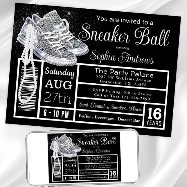 Chucks Pärlor Diamant Sneaker Ball Födelsedagsfest Inbjudningar (Chucks and pearls any event sneaker invitation. Instant download and printed invitations available.)