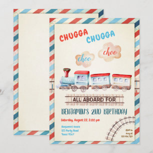 Chugga Choo Vintage Tåg Boy Red Blue Birthday Inbjudningar