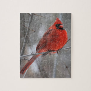 Chunky Bright Red Male-kardinal i Winter Snö Pussel
