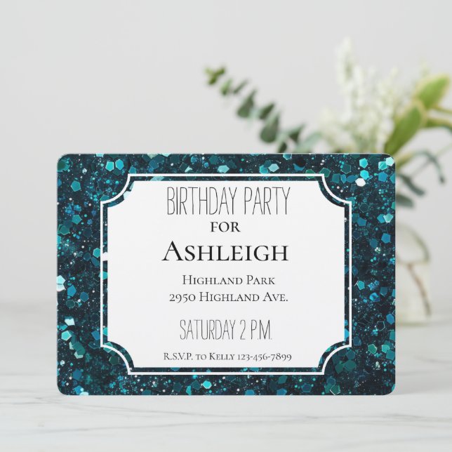 Chunky Teal Blue Faux Glitter födelseår Inbjudningar (Stående Fram)