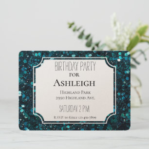 Chunky Teal Blue Faux Glitter födelseår Inbjudningar