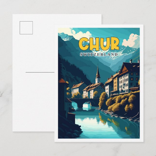 Chur Schweiz vintage reseskildring illustration Vykort (Fram/baksida)