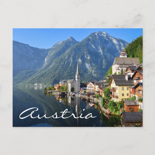 Church and village of Hallstatt, Austria with Alps Vykort (Framsida)