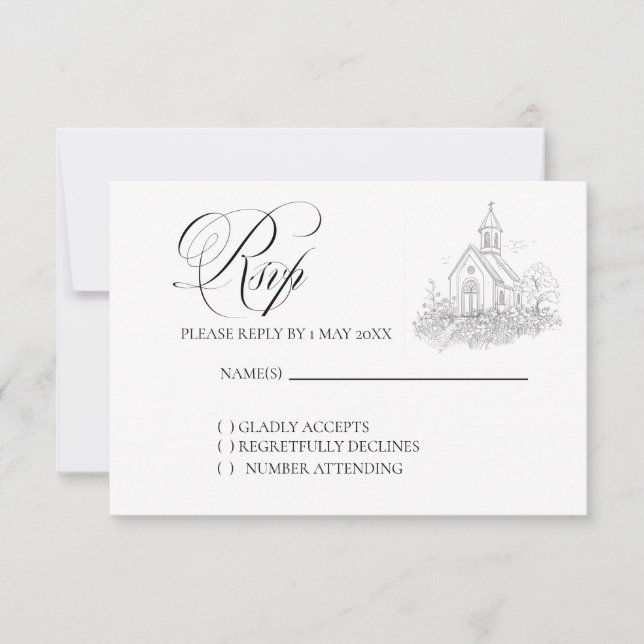 Church Calligraphy Wedding RSVP card OSA Kort (Framsida)