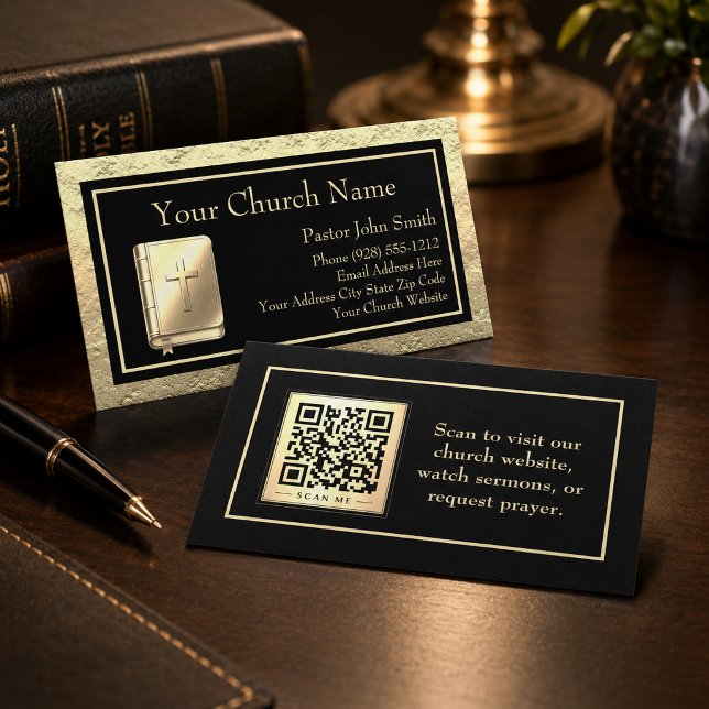 Church Gold And Black QR Code Bibel Visitkort (The metal details are simulated in the artwork. No actual metal will be used in this product.)