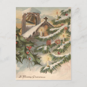 Church Holly Julgran Candle Ornament Helg Vykort