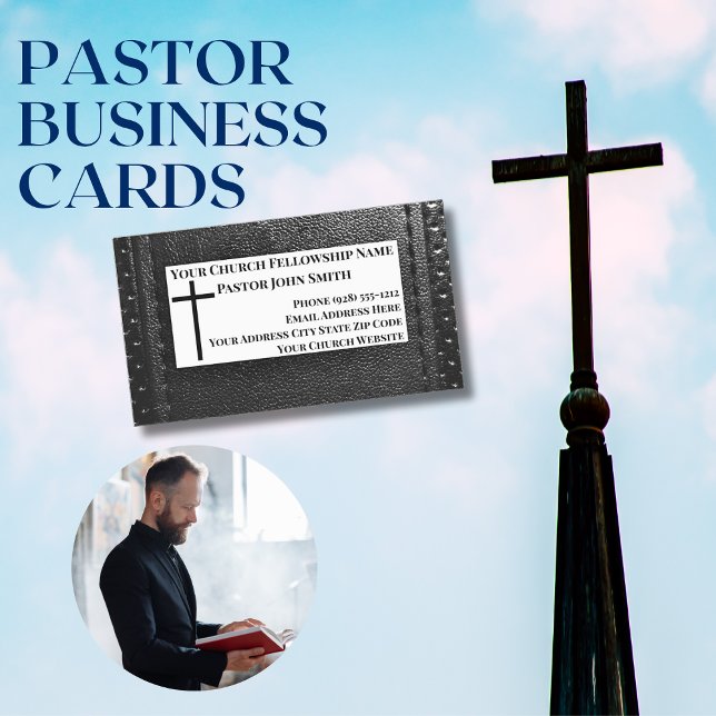 Church Pastor Black Leather Christian Magnetiska Visitkort (Church Pastor Business Cards)