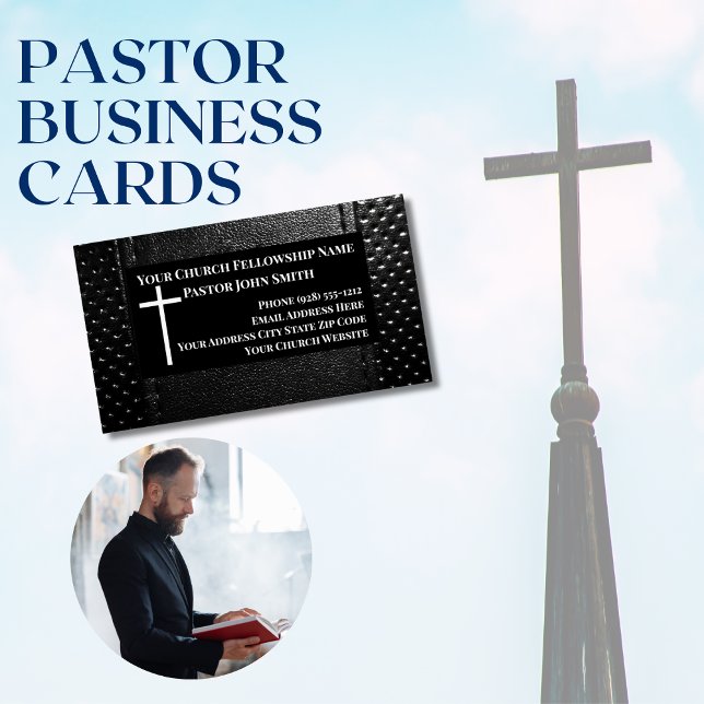 Church Pastor BLACK Leather Christian Magnetiska Visitkort (Modern Black on Black Version: Pastor Church Business Cards)