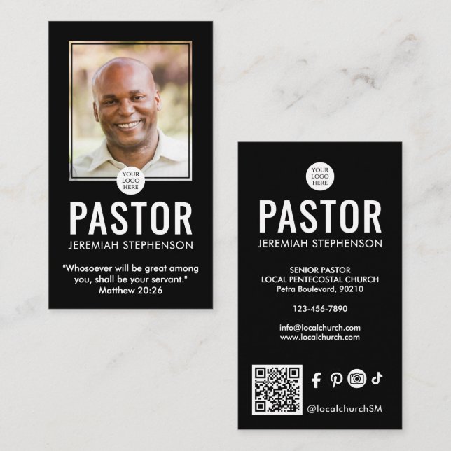Church Pastor Modern Svart Foto QR Logotyp  Visitkort (Fram/baksida)