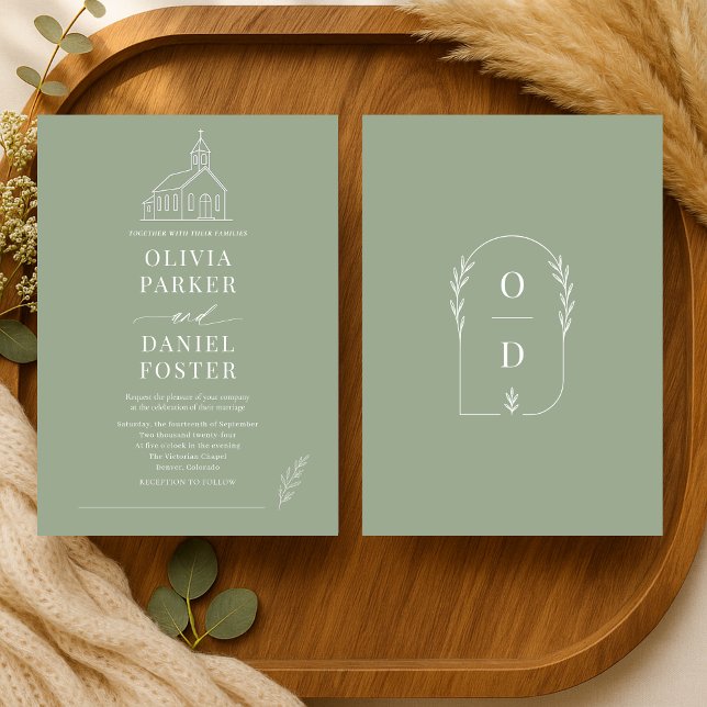 Church Religious Sage Green Line Art Wedding Inbjudningar (Skapare uppladdad)