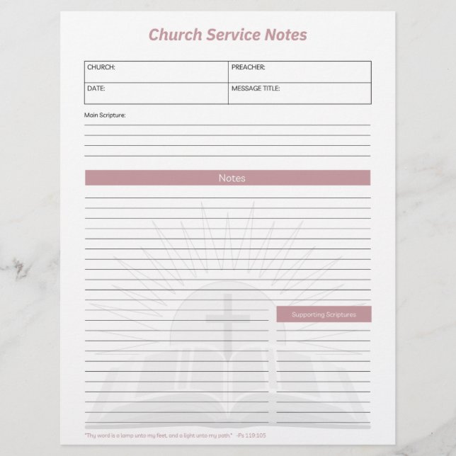 Church Service Christian Bible Notes Rosa Brevhuvud (Framsida)
