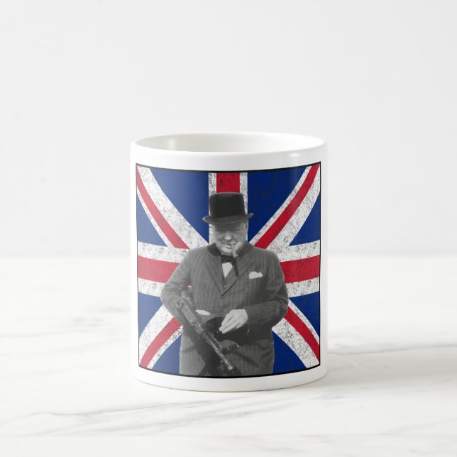 Churchill som poserar med den brittiska flagga kaffemugg (Center)