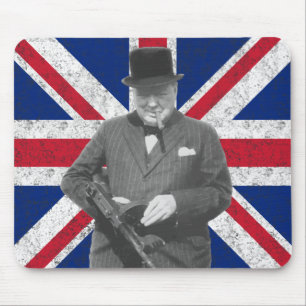 Churchill som poserar med ett Tommy vapen Musmatta