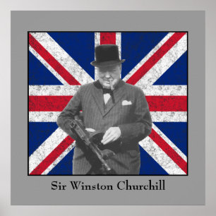 Churchill som poserar med ett Tommy vapen Poster