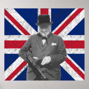 Churchill som poserar med ett Tommy vapen Poster