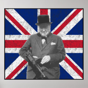 Churchill som poserar med ett Tommy vapen Poster