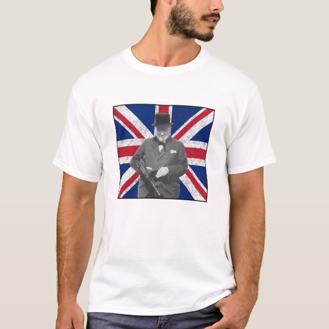 Churchill som poserar med ett Tommy vapen Tee (Framsida)