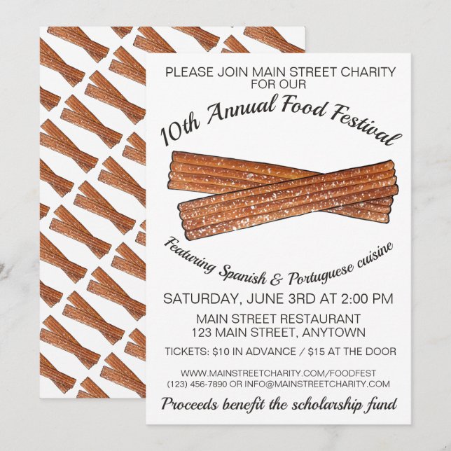 Churro Spansk portugisisk Churros Food Festival Inbjudningar (Fram/baksida)