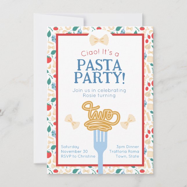 Ciao 2:a födelsedagen Pasta Party Italienska andra Inbjudningar (Framsida)