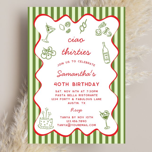 Ciao 30s Italian Pasta Dinner 40th Birthday Party  Inbjudningar (Skapare uppladdad)