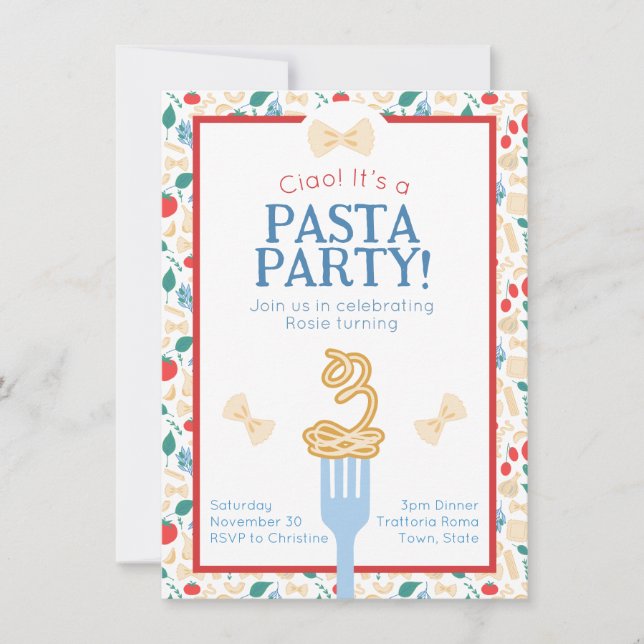 Ciao 3:e födelsedagen Pasta Party Italienska Bow Inbjudningar (Framsida)