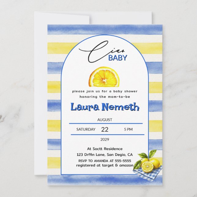 Ciao Baby Blå & Gula Ränder Lemon Baby Shower Inbjudningar (Framsida)