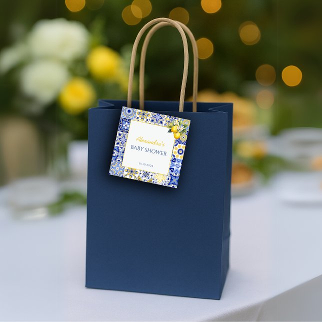 Ciao Baby Blå Klinker Citron Amalfi Båge Bebis-fes Gåvor Etiketter (Ciao Baby Blue Tiles Lemon Amalfi Baby Shower Favor Gift Tags)