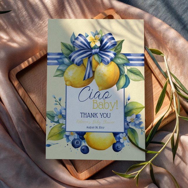 Ciao Baby Blue Bow Tile Citron Baby Shower Tack Kort (Skapare uppladdad)