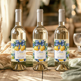 Ciao Baby blue Bow Tile Lemon Baby Shower Vinflaska Etikett