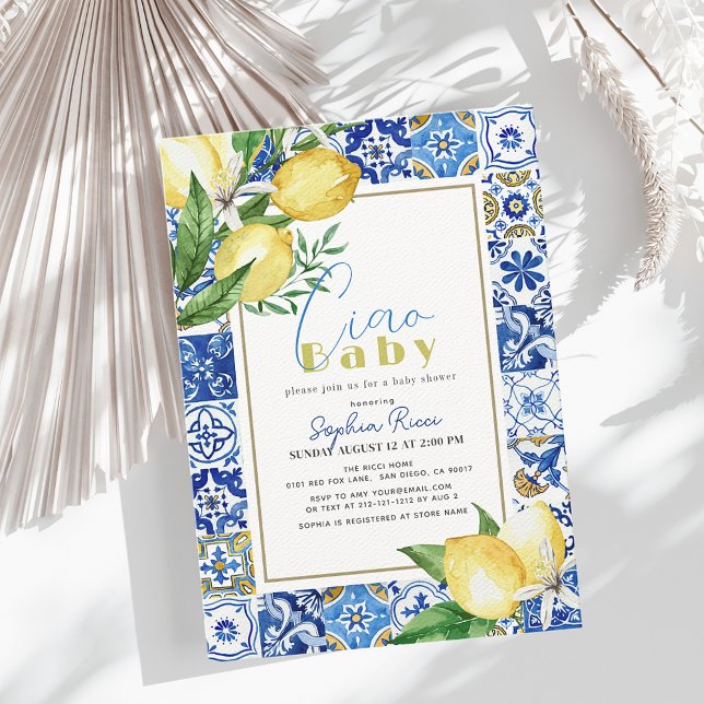 Ciao Baby Blue Tile Citrus Lemon Baby Shower Inbjudningar (Skapare uppladdad)