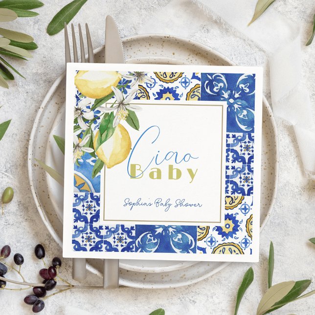 Ciao Baby Blue Tile Citrus Lemon Baby Shower Pappersservett (Skapare uppladdad)