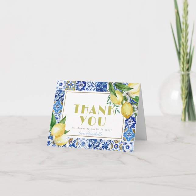 Ciao Baby Blue Tile Citrus Lemon Baby Shower Tack Kort (Framsida)