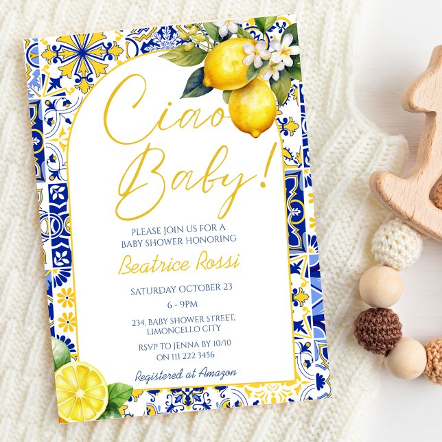 Ciao Baby blue Tiles Lemon Amalfi Arch Baby Shower Inbjudningar (Ciao Baby Blue Tiles Lemon Amalfi Arch Baby Shower Invitation)
