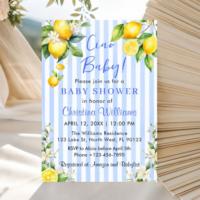 Ciao Baby Citrus Lemon Barnrums-inbjudan Inbjudningar (Ciao Baby Baby shower Blue & Lemons Invitation)