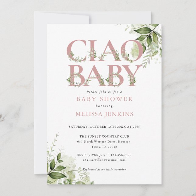 Ciao Baby Dammtrosa Grönska Bebis Shower Inbjudningar (Framsida)