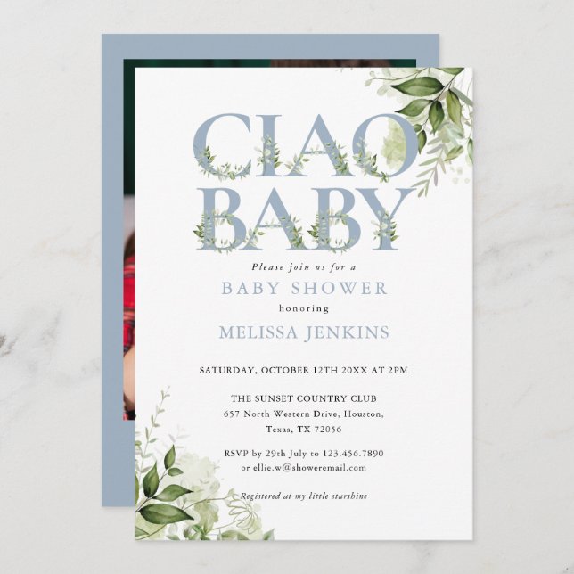 Ciao Baby Dusty Blue Greenery Photo Baby Shower Inbjudningar (Fram/baksida)