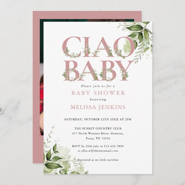 Ciao Baby Dusty Ro Greenery Photo Baby Shower Inbjudningar (Fram/baksida)
