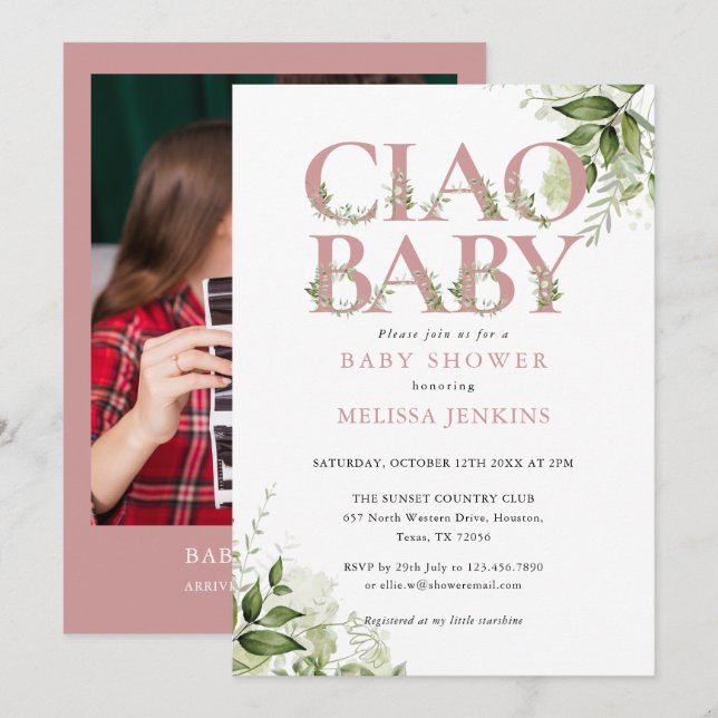 Ciao Baby Dusty Rose Greenery Foto Barnkalas Inbjudningar (Fram/baksida)