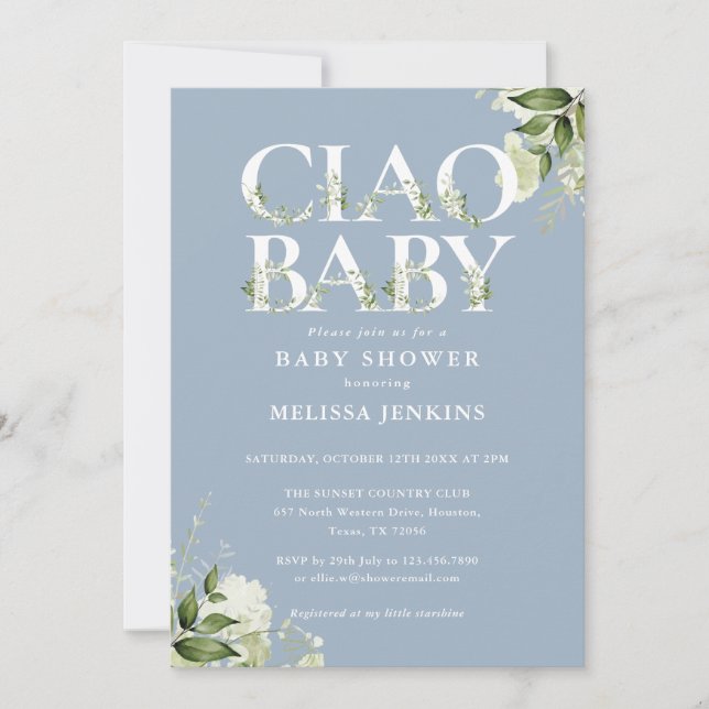 Ciao Baby Grönska Bokstav Dammig Blå Babyfest Inbjudningar (Framsida)