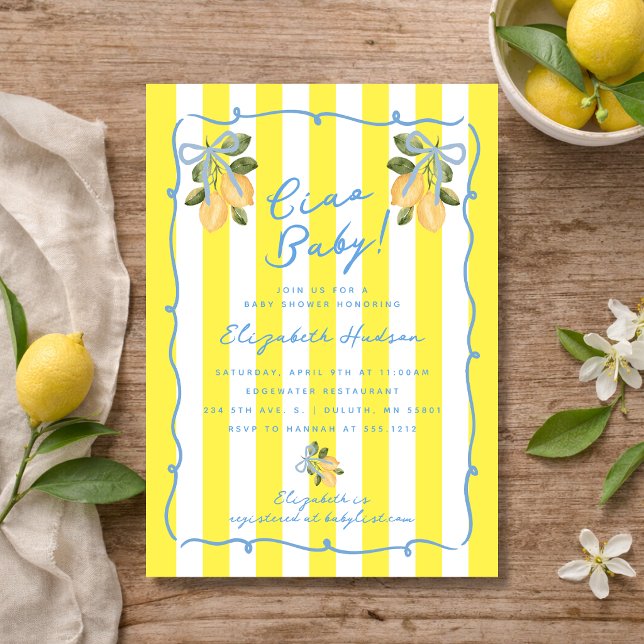 Ciao Baby Gulrandig Blå Citron Bebis-fest Inbjudningar (Ciao Baby Yellow Stripe Blue Lemon Baby Shower Invitation)